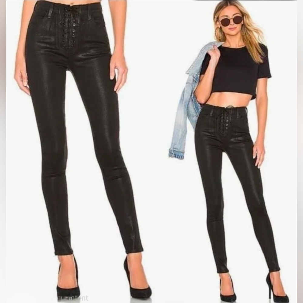 ❤️ J BRAND STEPH SHEP HIGH RISE LACE UP SKINNY JEANS, COATED BLACK, 6 (28)